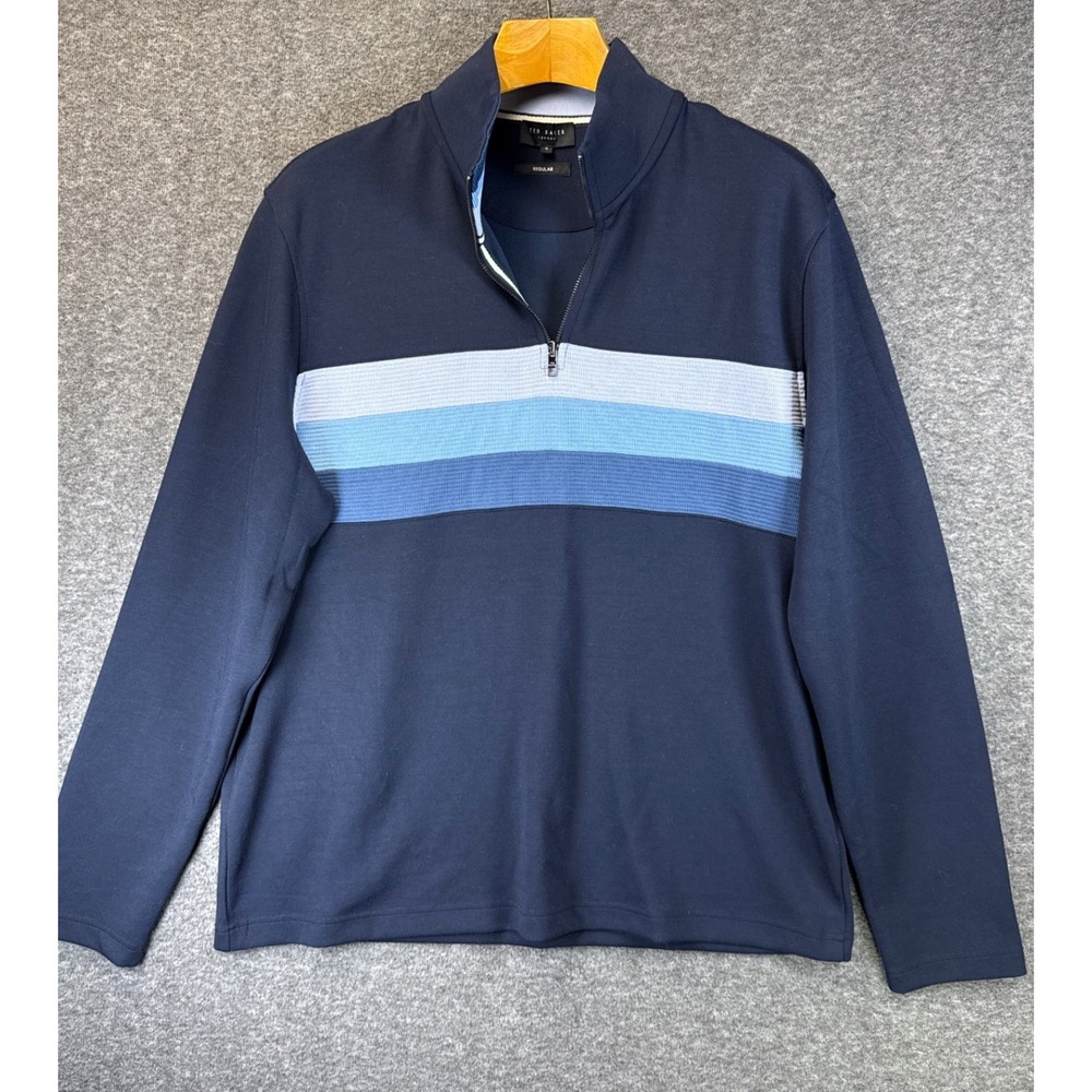 Ted Baker Quarter Zip Pullover Mens 5 XL Navy Blue Striped Preppy Academia Yacht